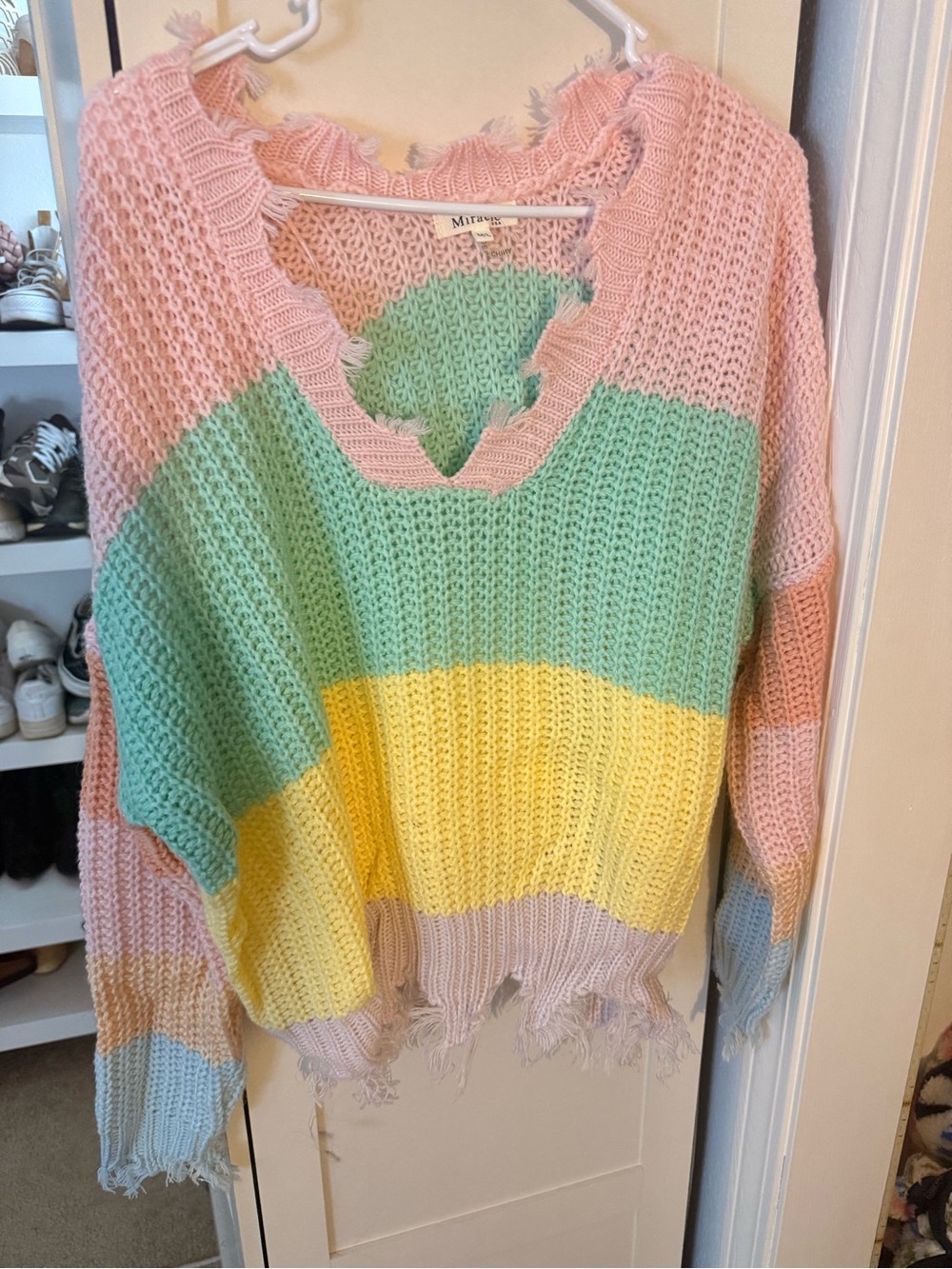 Pastel Striped Distressed Knit Sweater - Pink Green Yellow